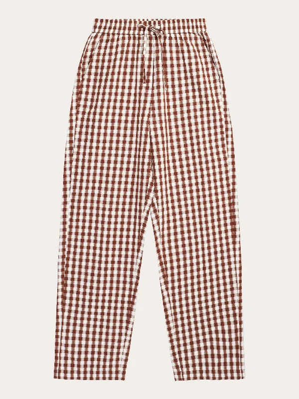 High-rise flare pants for vintage chic appeal -CHLOE barrel high-rise seersucker checkered elastic waistband pants - GOTS/Vegan - Brown check