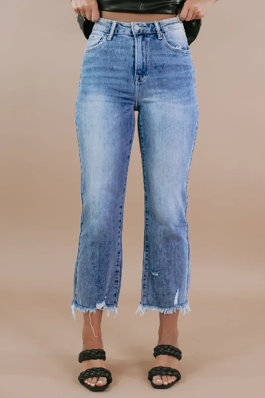 Fringed Jeans for Western -Casey Cropped High Waisted Straight Leg Jeans, Light Wash RISEN