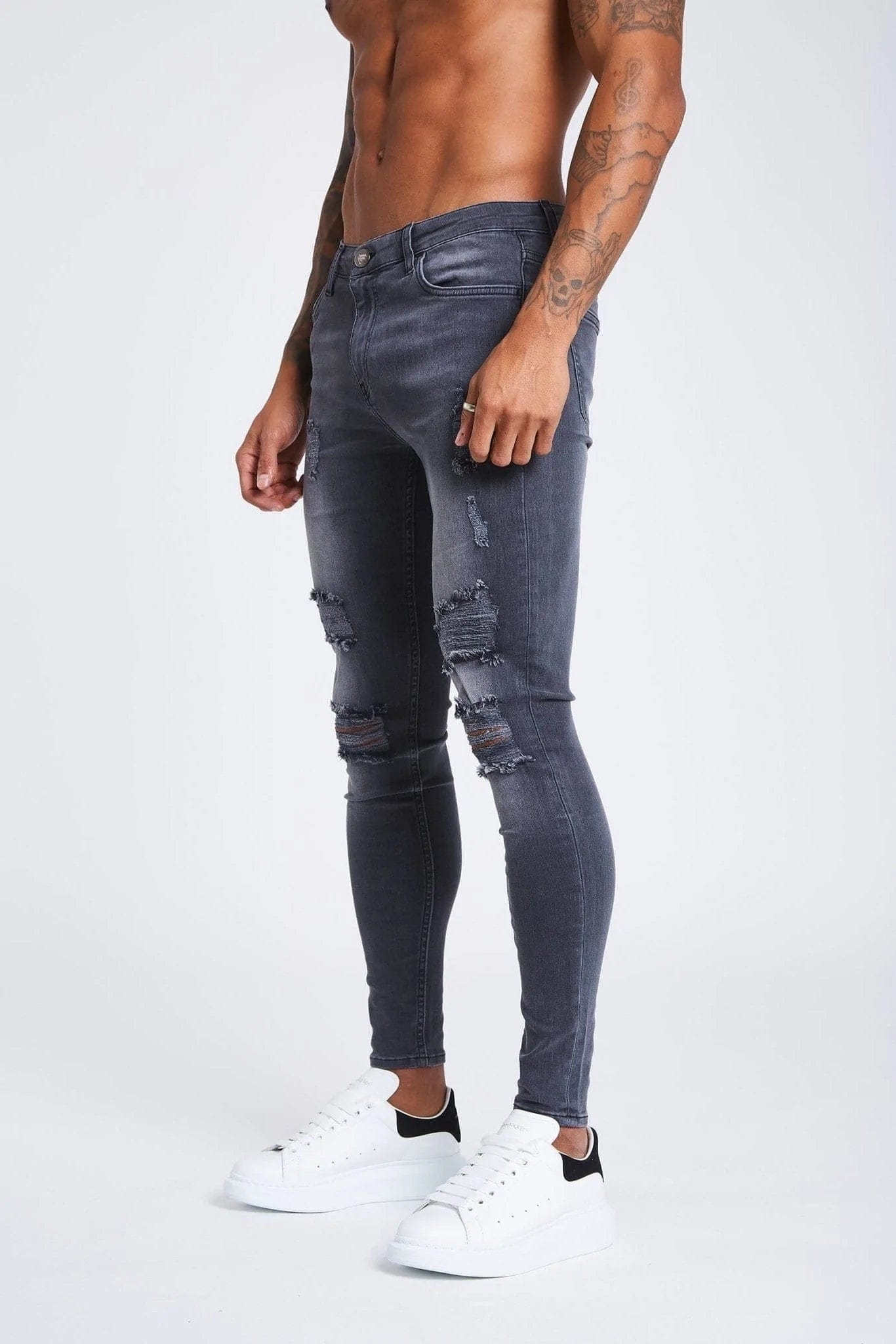 Embroidered Jeans for Detail -SKINNY FIT JEANS RIPPED & REPAIRED - LIGHT GREY