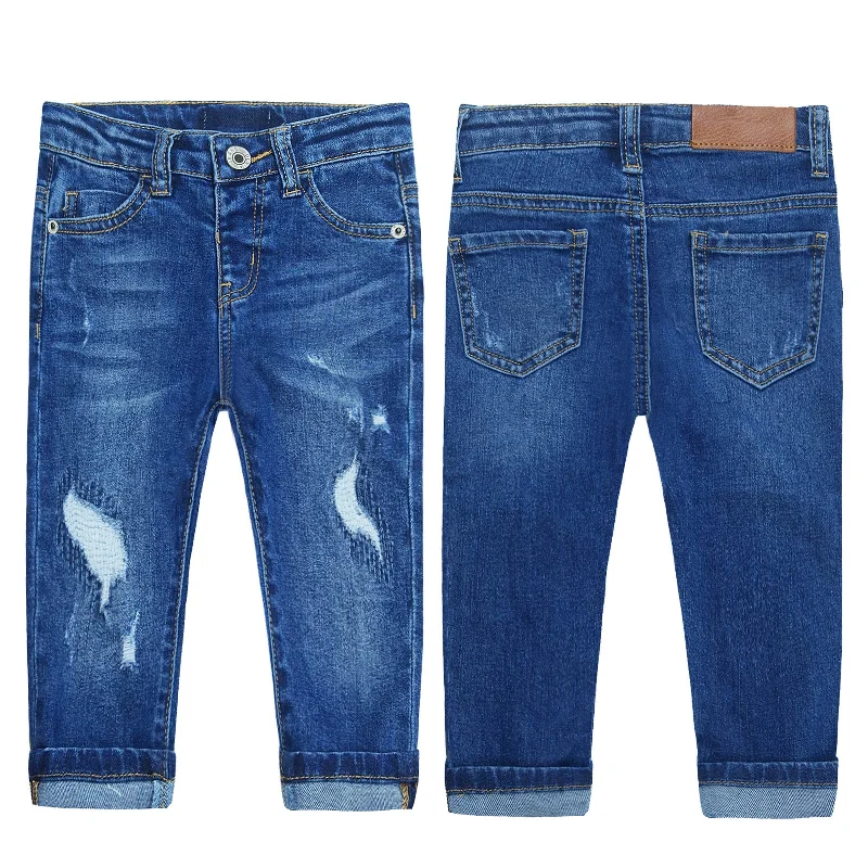 Leather Trim Jeans for Luxury -Wearproof Baby Girl Boy Elastic Band Ripped Denim Jeans Pants