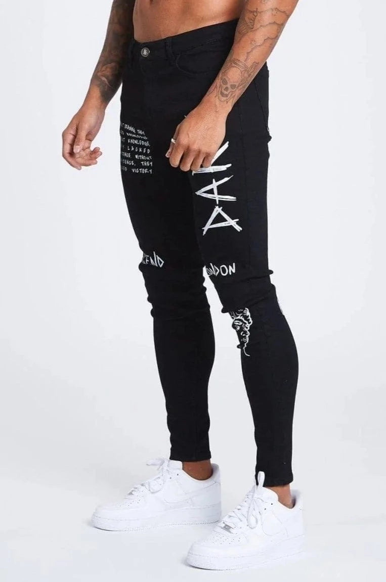 Distressed Jeans for Edgy Style -SKINNY FIT JEANS - GRAFFITI BLACK