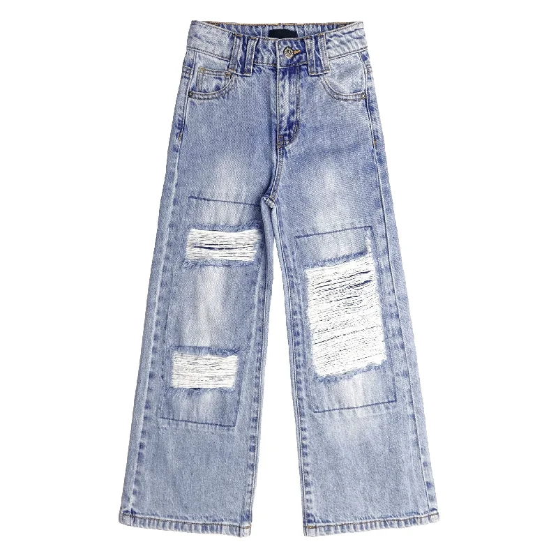 Camping Jeans for Wilderness -Girls Wide-leg Ripped Denim Pants, 5-14T Loose-fit Distressed Fashion Flared Jeans