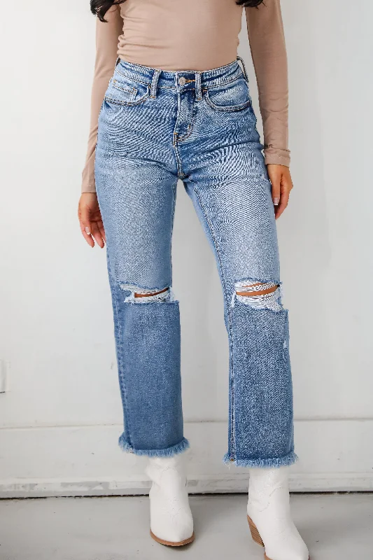 Skinny Jeans for Slim Fit -Emily Medium Wash High Rise Distressed Straight Leg Jeans