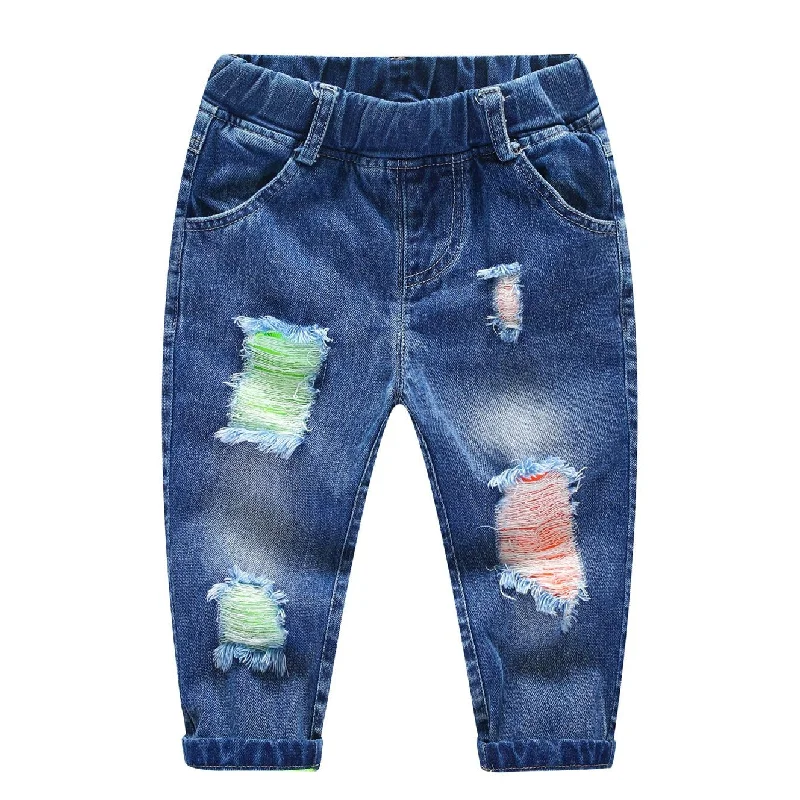 Cargo Jeans for Utility -Kids Ripped Jeans Elastic Waist Distressed Denim Pants