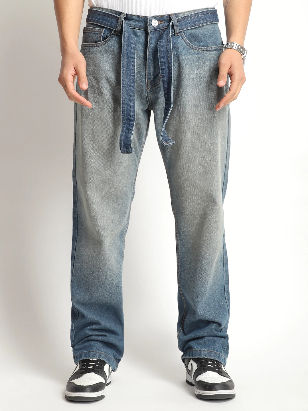 Tapered Jeans for Modern -Ever stone Tint Blue Belt Denim Jeans