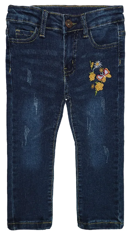 Mini Shorts Jeans for Youthful -Little Girls Elastic Band Floral Embroidered Stretchy Soft Denim Slim Pants Jeans