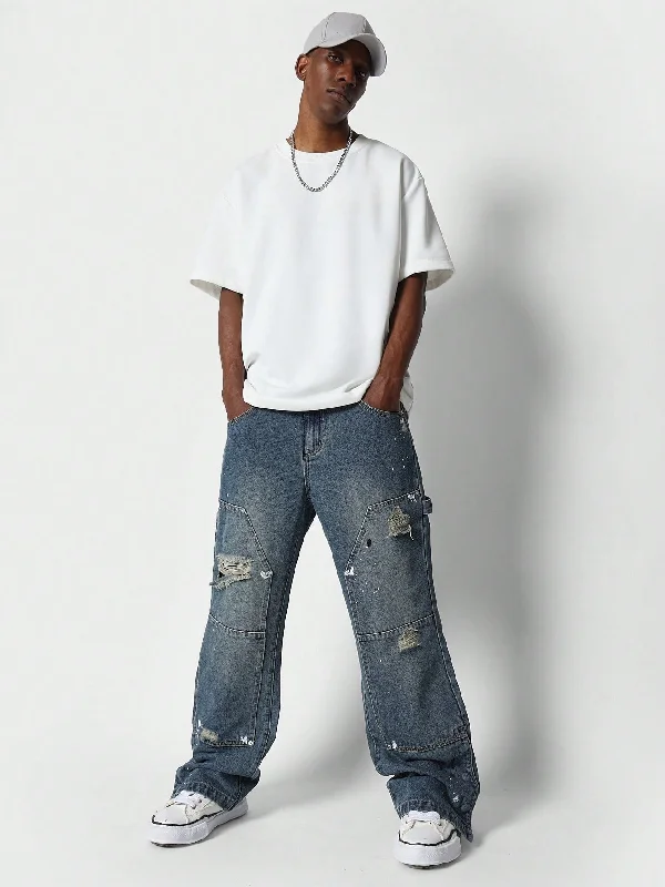 Faded Jeans for Laid-back -Loose Fit Carpenter Ripped Jean With Side Snap