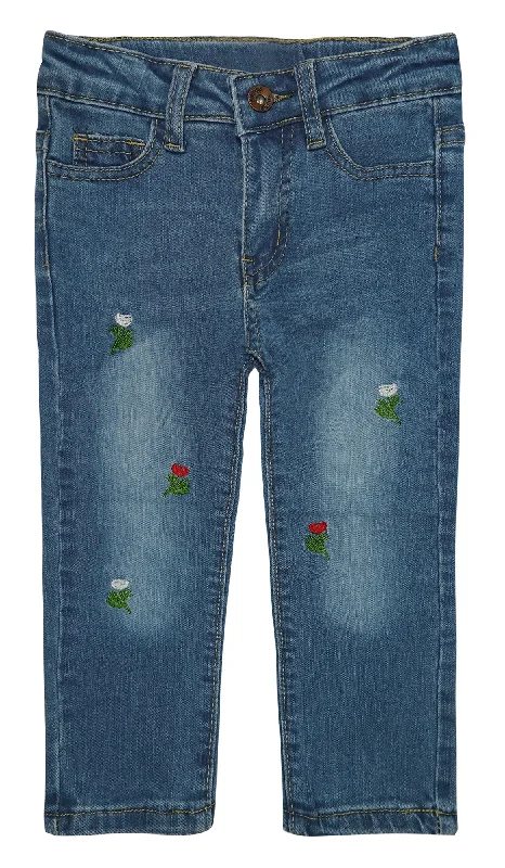 Rolled Shorts Jeans for Style -Little Girls Elastic Band Embroidered Ripped Stretchy Soft Denim Slim Jeans