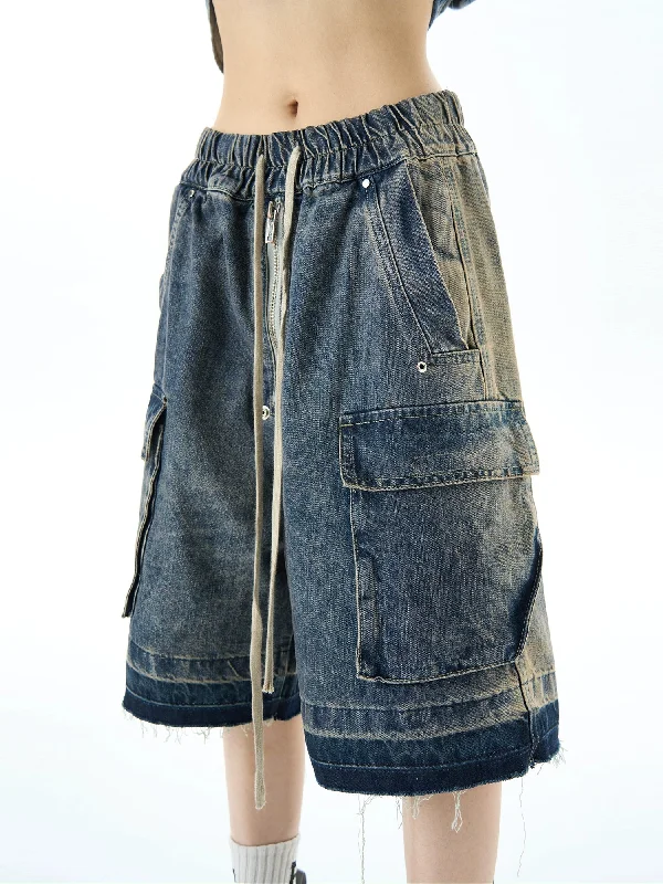 Stylish denim shorts for women with a high-rise fit for a flattering silhouette-Gradient Raw Edge Denim Shorts