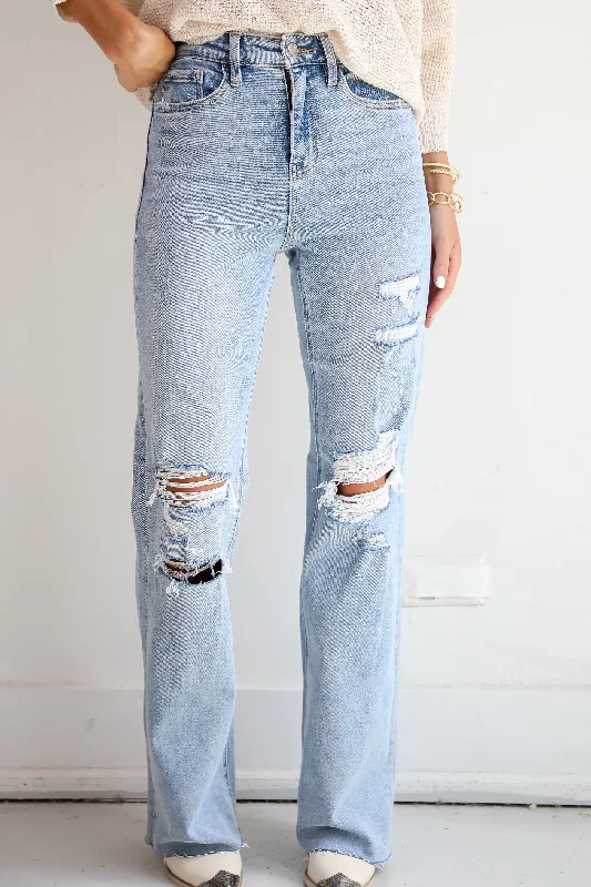 Travel Jeans for On-the-go -Parker Light Wash Distressed 90s Vintage Flare Jeans