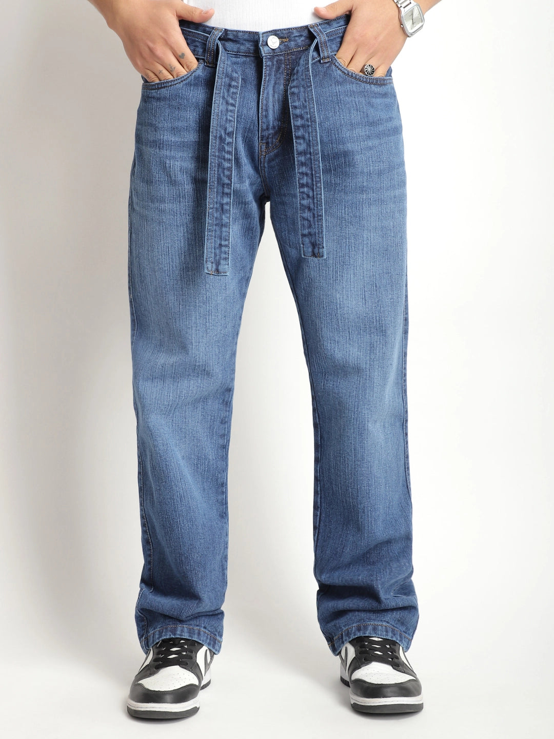 Khaki Jeans for Different -Urban Street Belt Blue Denim Jeans