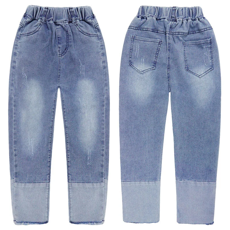 Colored Jeans for Variety -Girl Jeans,Elastic Elastic Waist Patchwok Raw Edge Denim Pants