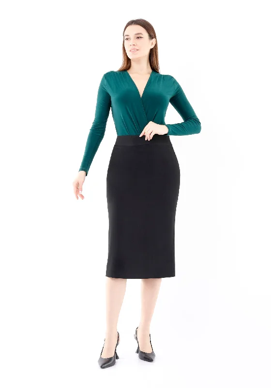 High-neck bodycon dress for women with modern twist and figure-hugging design -Black Back Vented Midi Pencil Skirt - G-Line