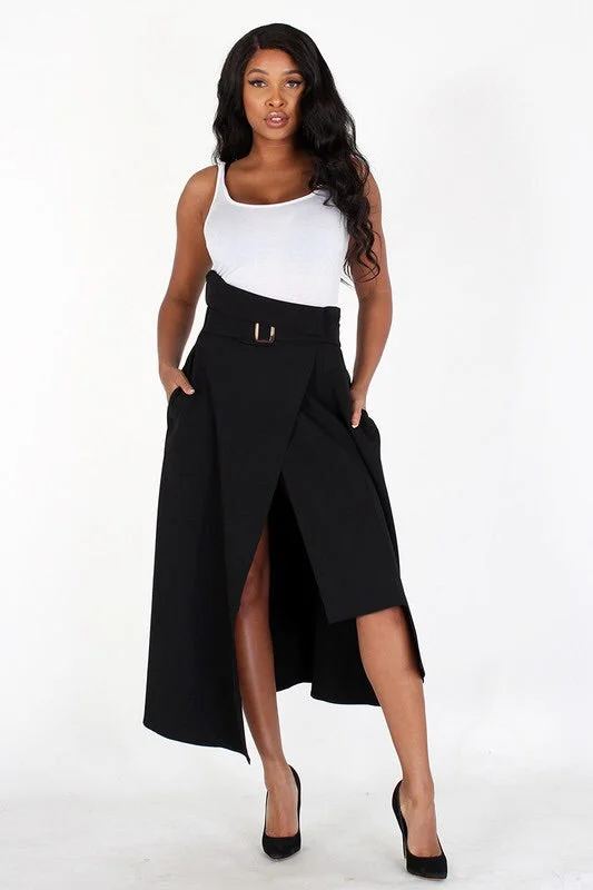 Flowy skirts for effortless beach cover-ups -High Waist midi skirt with belt and pocket