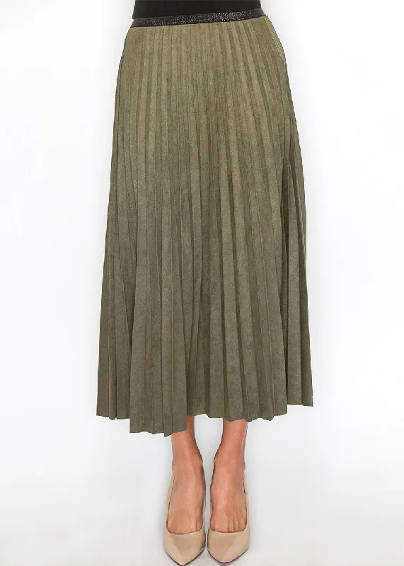 Casual bodycon dress for women with cotton fabric and comfortable fit -Olive Pleated Suede Midi Skirt