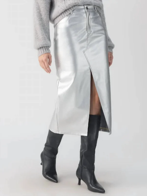 Bodycon dress for women with cut-out details for an edgy vibe -Leather Like Midi Skirt In Silver