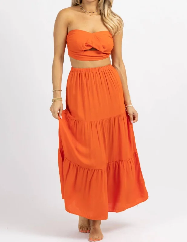 Midi-length bodycon dress for women with flattering fit and classic silhouette -Twist Tube Top + Aline Skirt Set In Orange