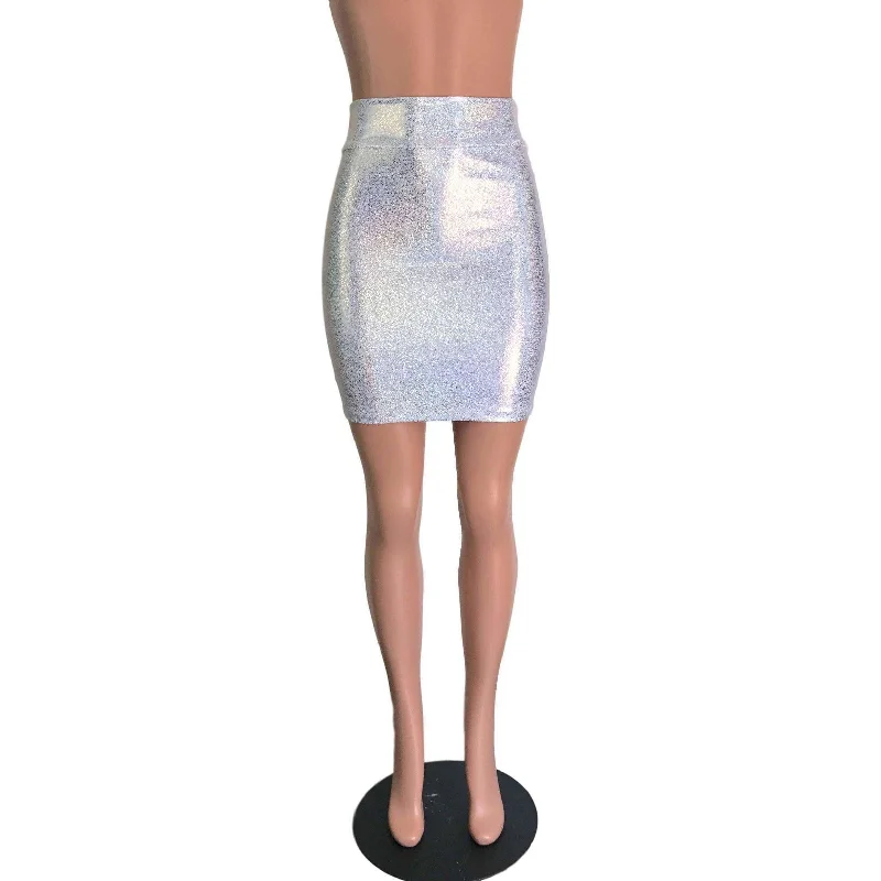 Bodycon dress for women with asymmetrical hemline and edgy look -Pencil Skirt - Silver Holographic