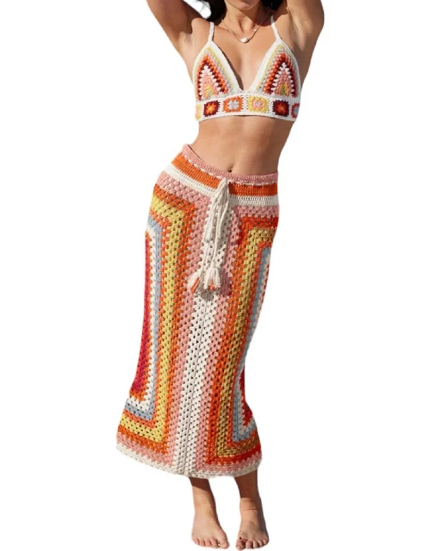 Sleeveless bodycon dress for women with body-hugging fit and flattering design -Gardenia Crochet Knit Skirt In Orange Multi