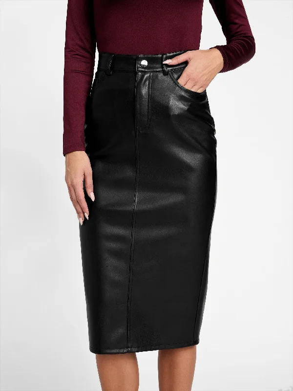 Plunging neck bodycon dress for women with deep neckline and glamorous look -Faux-Leather Midi Skirt