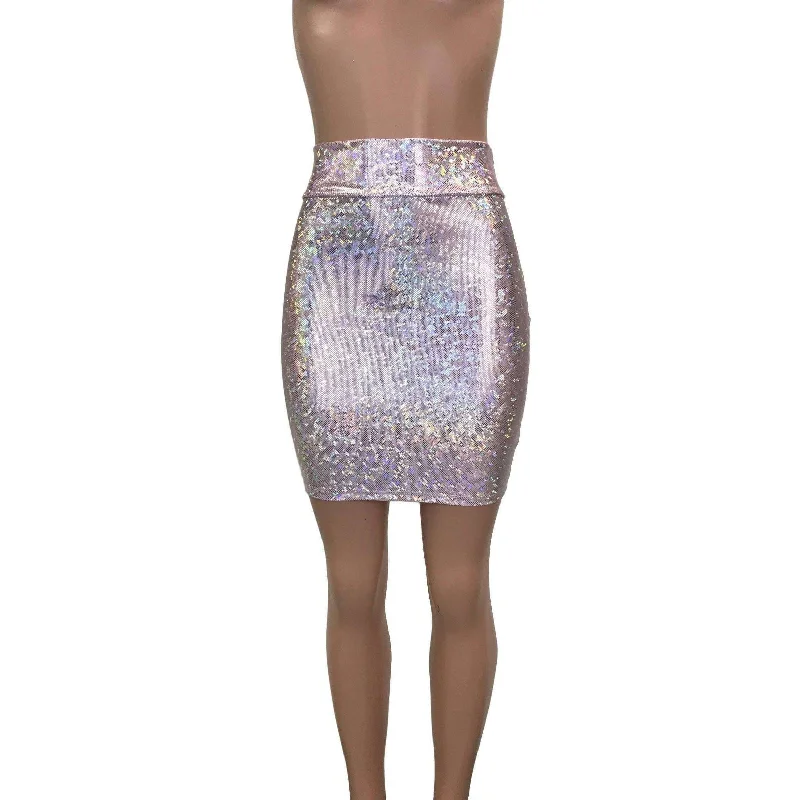 Off-shoulder bodycon dress for women with chic neckline and elegant silhouette -Pencil Skirt - Light Pink Shattered Glass Holographic