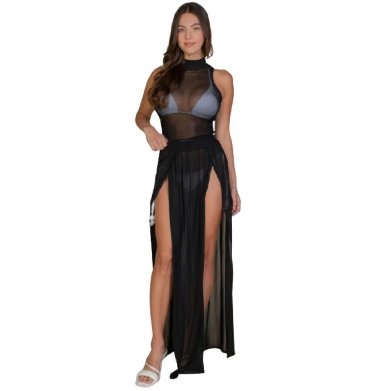 Bodycon dress for women with cut-out details for an edgy vibe -High Split Mesh Sheer Maxi Skirt