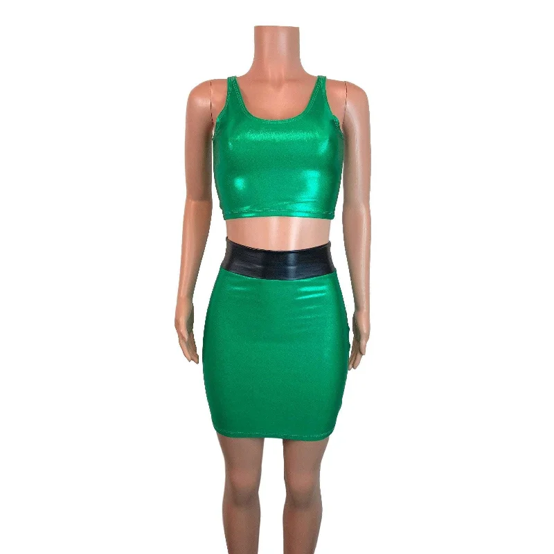 Layered bodycon dress for women with tiered fabric and stylish look -PowerPuff Girls BUTTERCUP Costume W/ Green Pencil Skirt and Crop Top