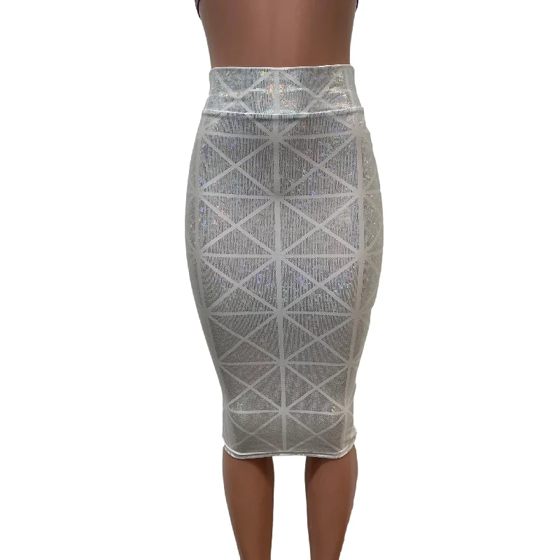 SALE - XS - Silver on White Glass Pane Long Pencil Bodycon Skirt