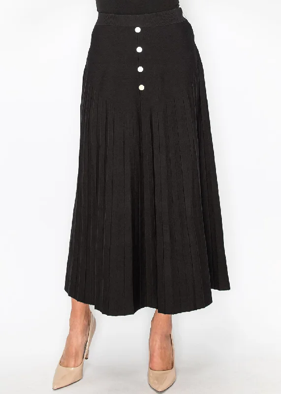 Black Pleated Skirt with Button Accents