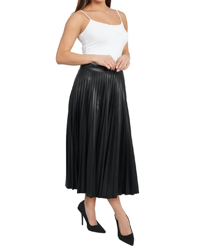 Boho-inspired bodycon dress for women with relaxed fit and stylish look -Faux Leather Pleated Midi Skirt In Black