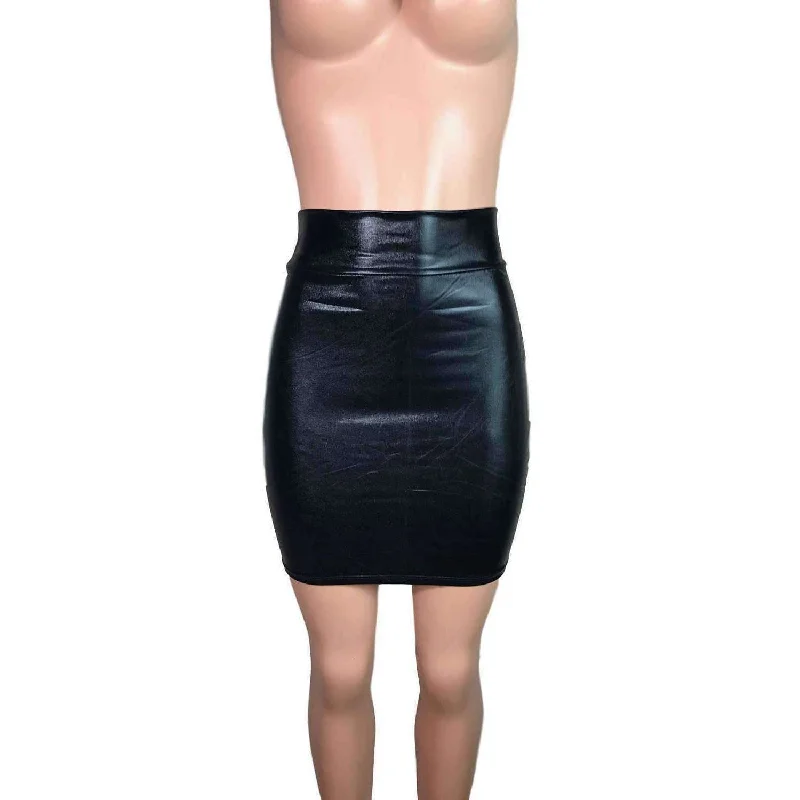 Halter neck bodycon dress for women with sexy cut and elegant design -Pencil Skirt - Black Metallic "Wet Look" Faux Leather