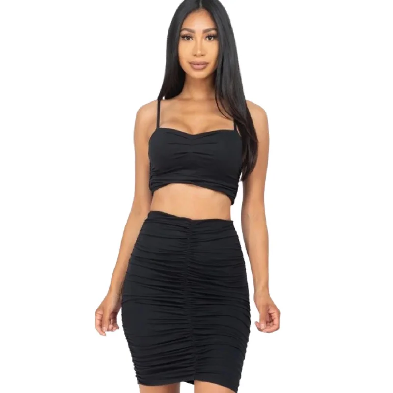 Keyhole bodycon dress for women with subtle cutout and trendy design -Ruched Crop Top And Skirt Sets