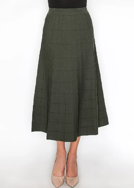 Long bodycon dress for women with full-length design and sleek silhouette -Olive Grid A-Line Knit Skirt