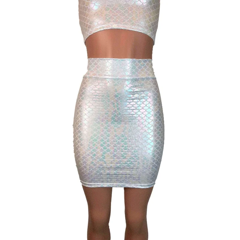 Chic velvet bodycon dress for women with luxurious texture and flattering fit -Pencil Skirt - Iridescent White Mermaid Scale